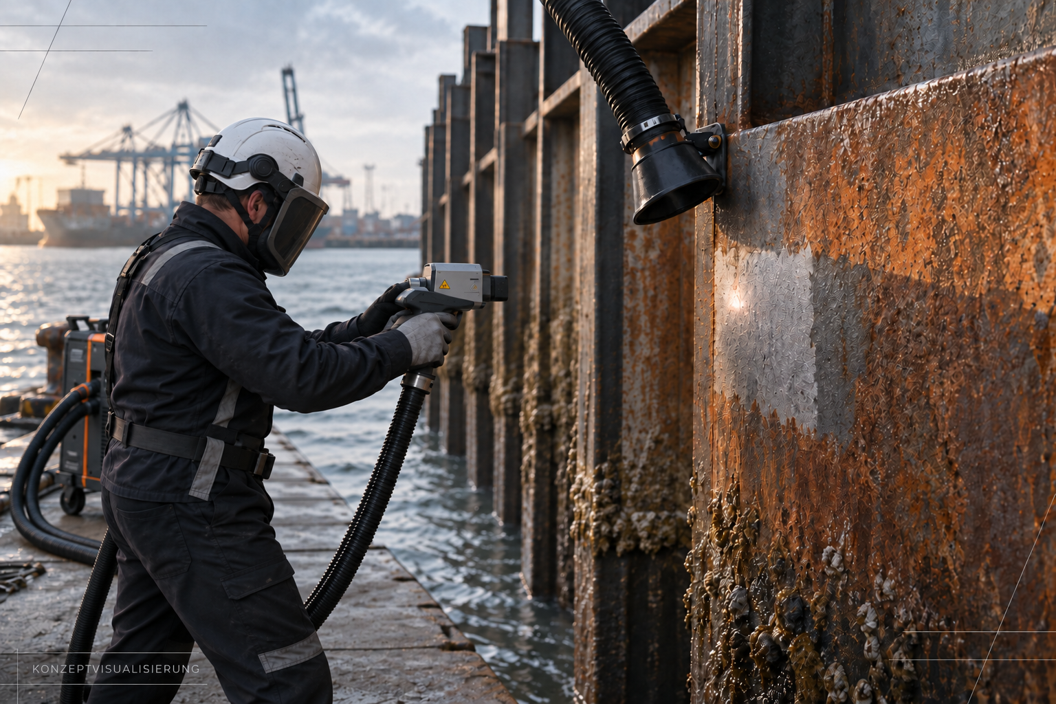 Illustration of laser cleaning on a steel harbour wall