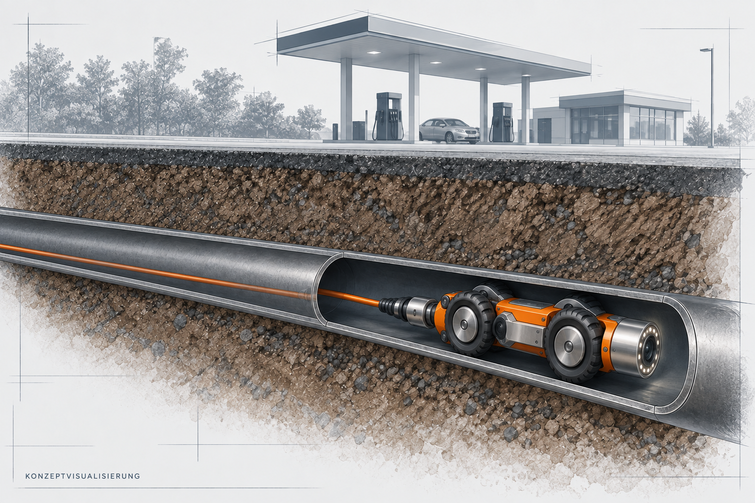 Cutaway concept of an inspection platform inside an underground pipe